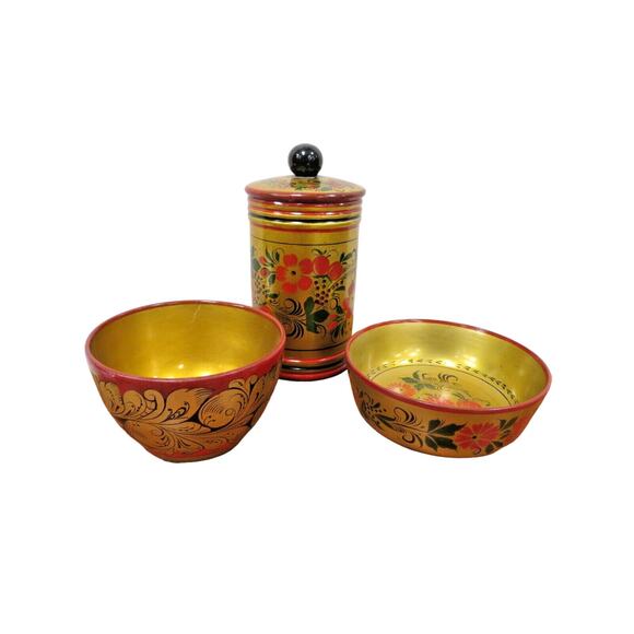 Vintage Russian Lidded Canister And 2 Bowls - Folk Art Hand Painted - Picture 1 of 9